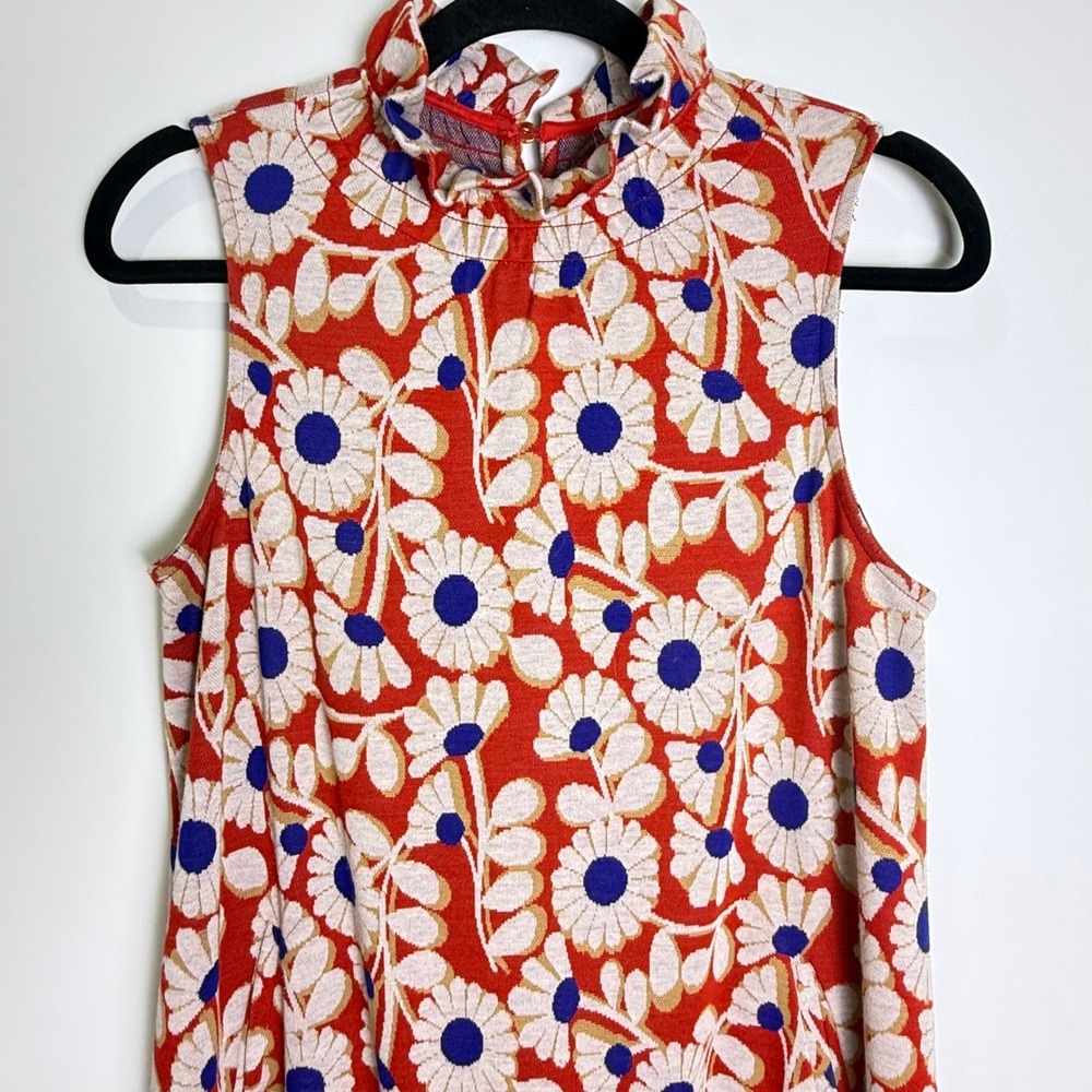 Tyler Boe Floral Shift Dress XS Red Blue Ruffle Neck Retro Mod Mini summer chic